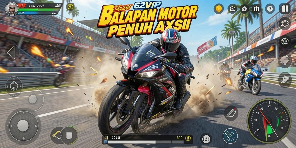 Screenshot gameplay <strong>62VIP</strong> menampilkan aksi balapan motor yang menegangkan.