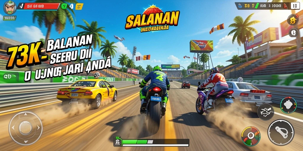 Gameplay balapan seru di 73K dengan grafik yang memukau.