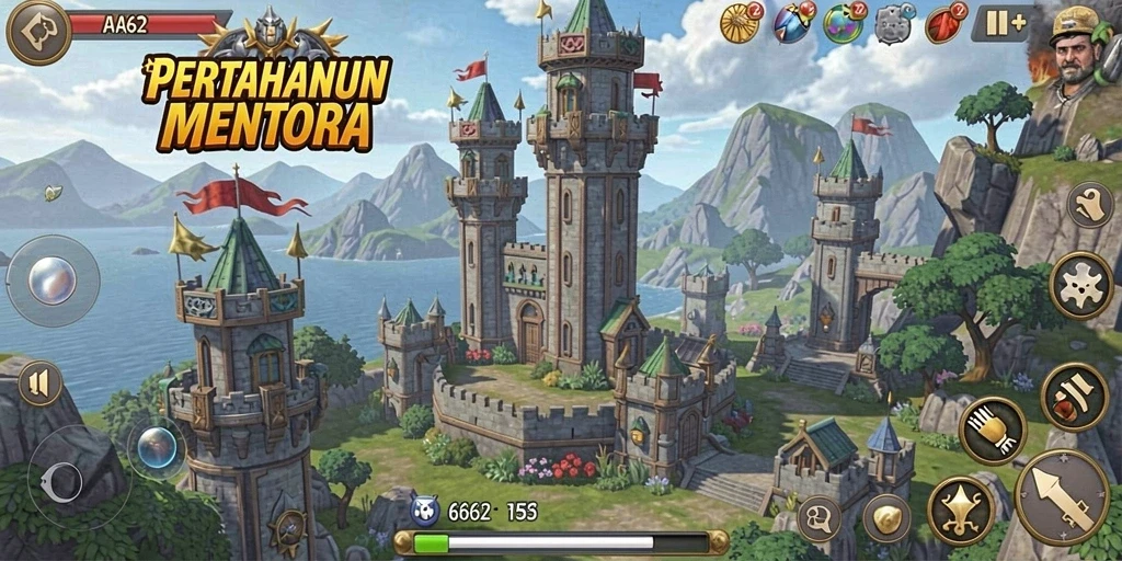 Tampilan gameplay AA62 menampilkan menara yang siap bertempur melawan gelombang musuh.