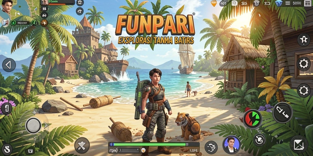 Screenshot utama FUNPARI menunjukkan aksi eksplorasi di dunia open world.