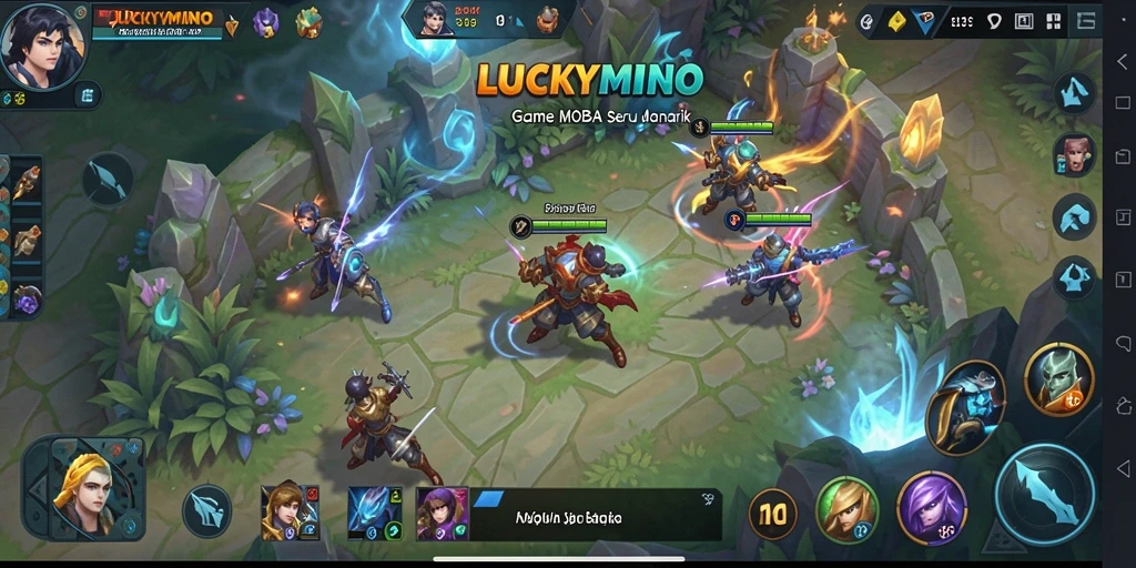 Tangkapan layar utama <strong>LUCKYMINO</strong> menampilkan aksi intens dalam pertempuran MOBA.