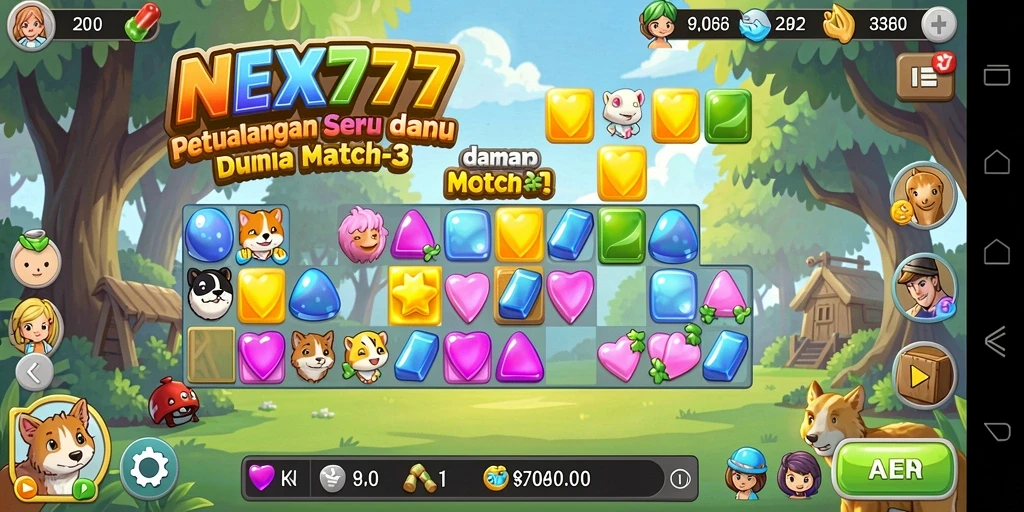 Tampilan gameplay permainan Match-3 yang seru dan penuh warna.