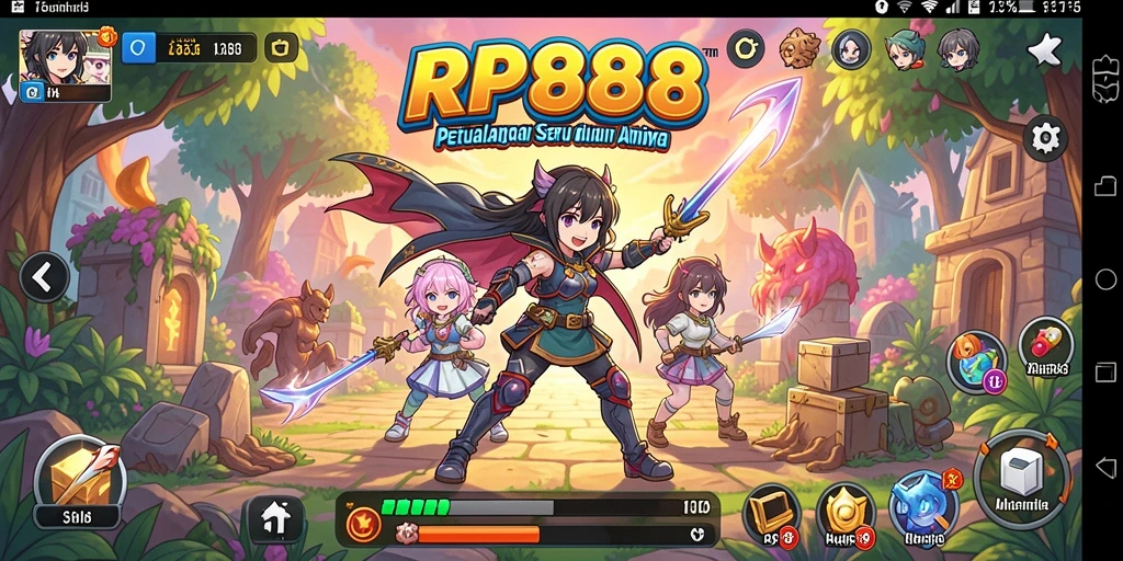 Screenshot gameplay RP888 menampilkan karakter anime dengan aksi dinamis.