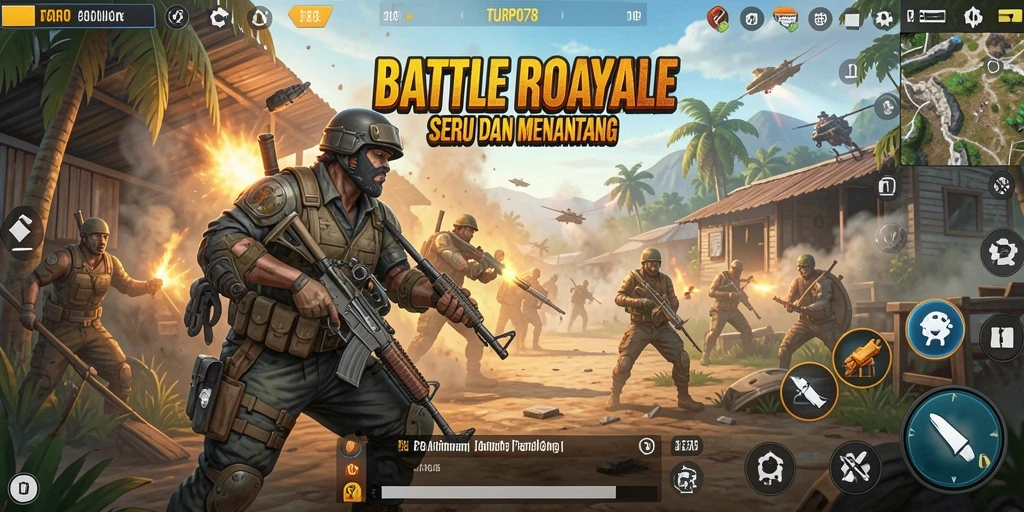 Tampilan aksi seru gameplay TURBO78 dalam pertempuran Battle Royale.